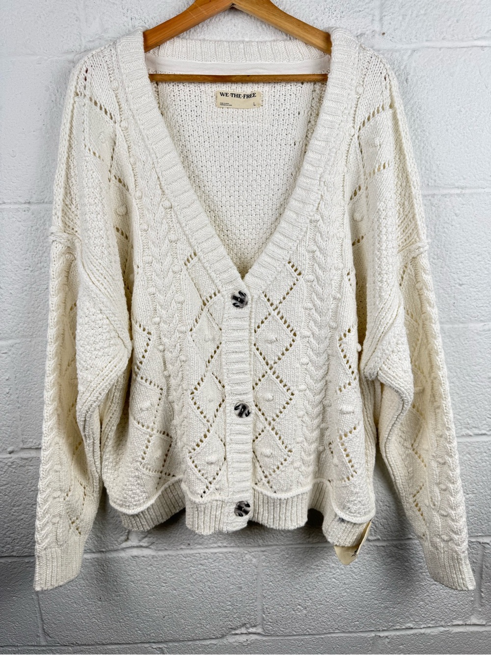 Free People We The Free Autumn Cardi Ivory Cable Knit Cotton Cardigan L